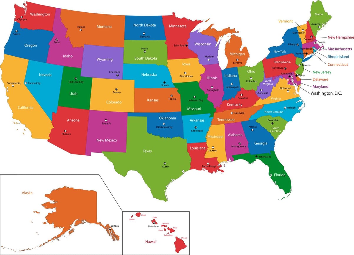 mappa degli stati UNITI con gli Stati e le capitali