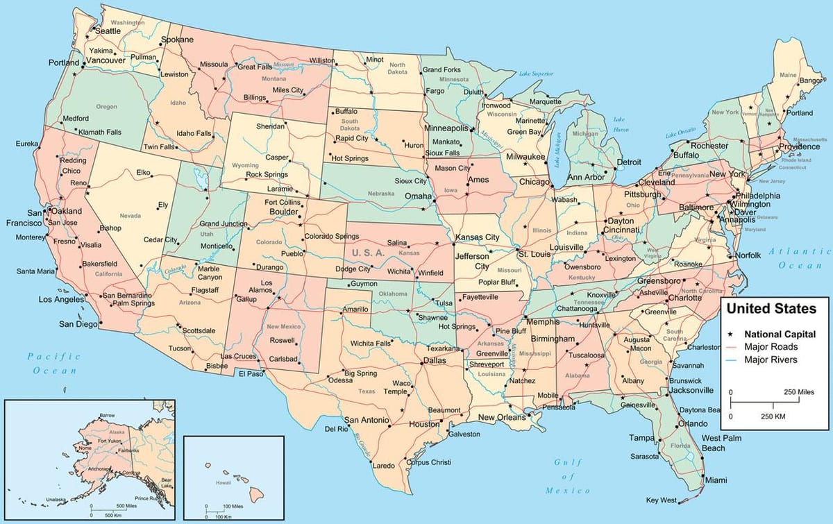 mappa di stati UNITI d'america con Stati e città