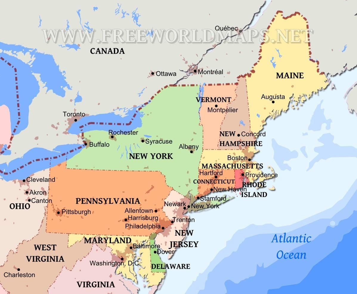 mappa di Stati Uniti nord-est con la città
