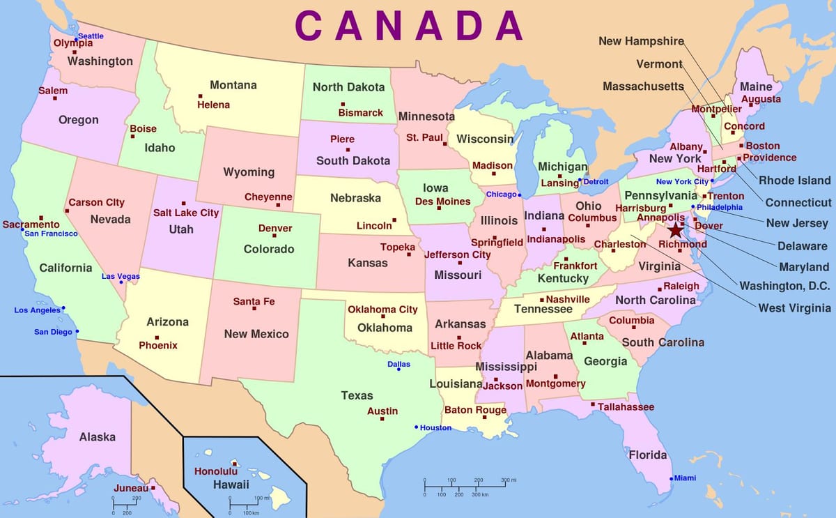 mappa di stati UNITI d'america con capitelli