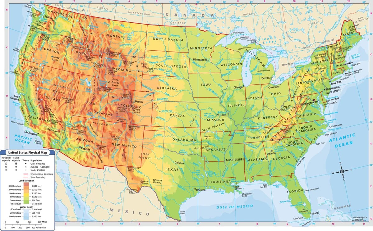 mappa fisica della USA