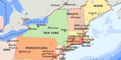 Mappa di Stati Uniti nord-est con la città